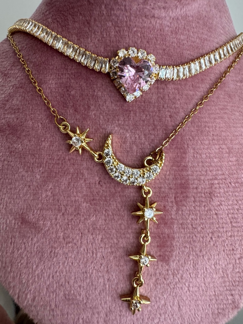 New SET Gold Plated Pink & White CZ Stone Bracelet & Lariat Necklace Adjustable
